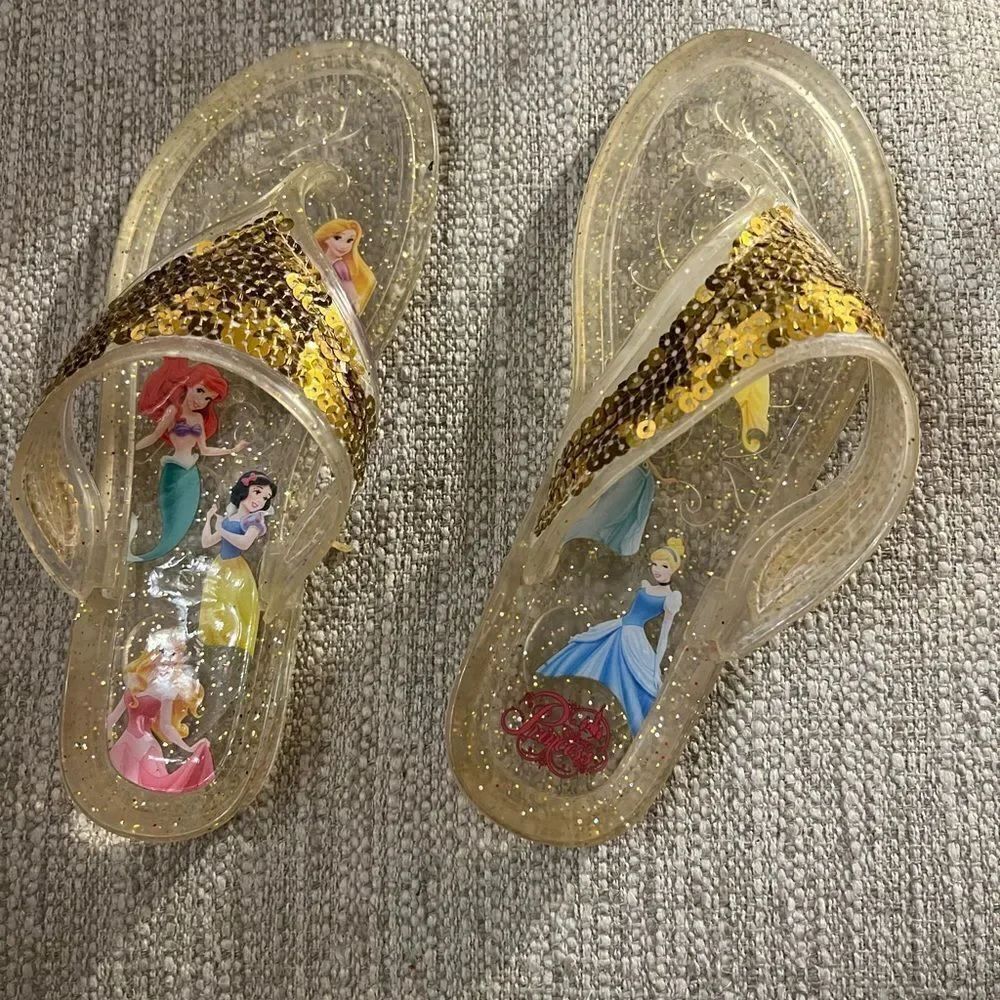 Disney Princess girls gold glitter & sequin jelly flip flops size 2